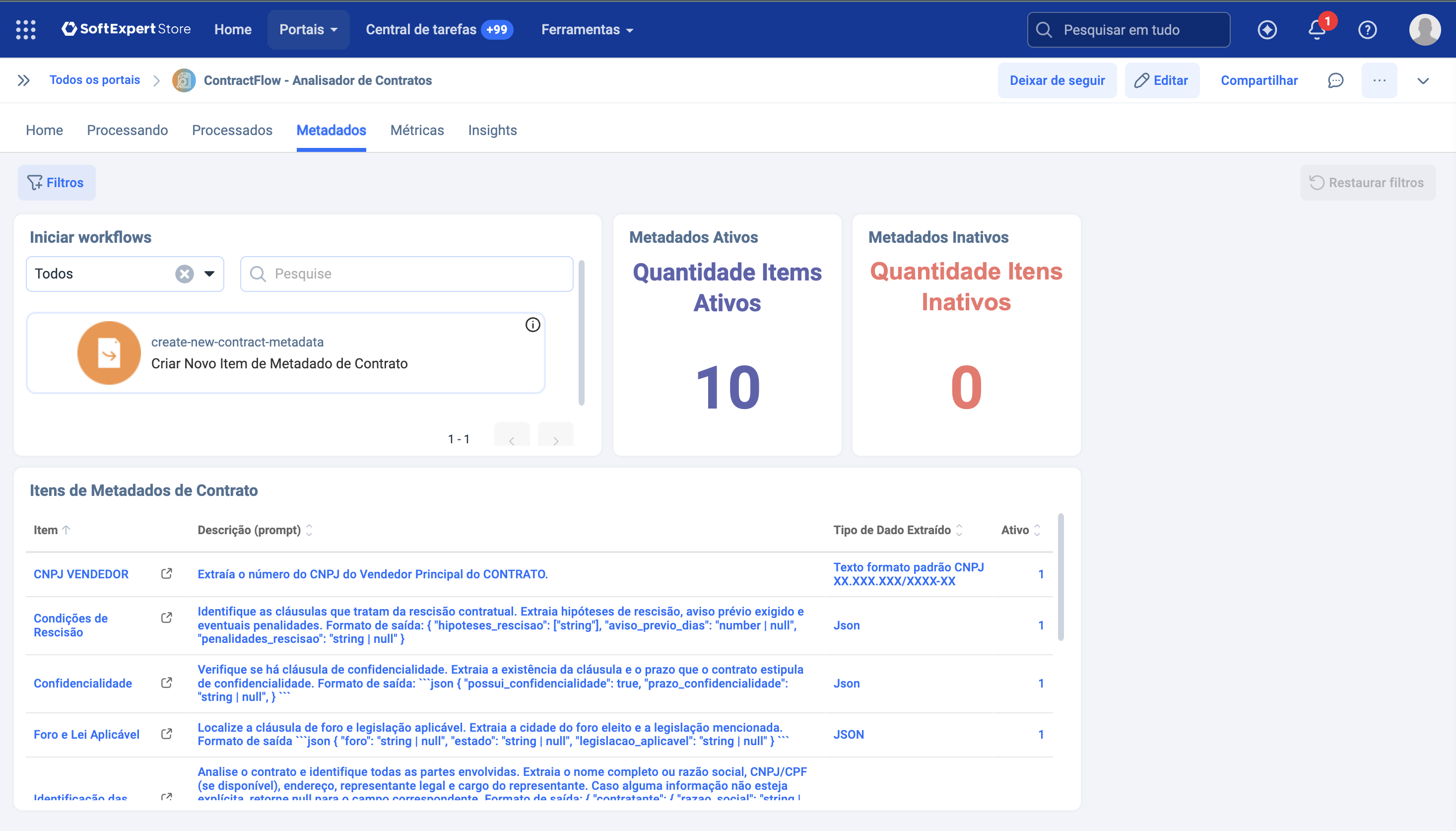 Tela de metadados do ContractFlow